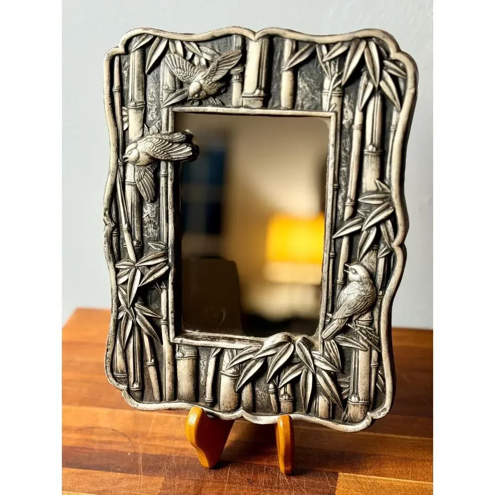 Vintage Chinoiserie Bamboo Bird Mirror | Silver Tone Hollywood Regency